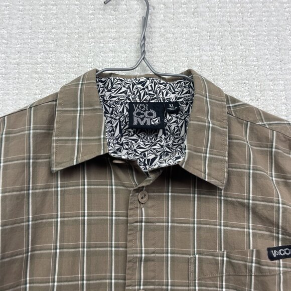 Volcom Plaid Button Up Shirt Long Sleeve Classic Fit Brown Tan Boy XL Skate Surf - Picture 5 of 13